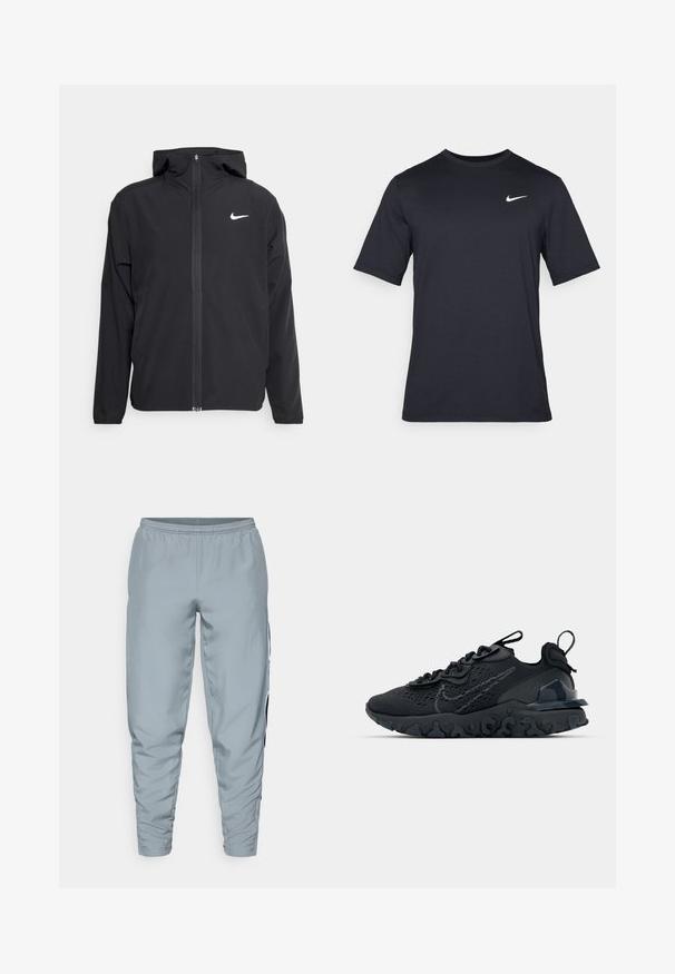 Chaqueta negra de Nike con capucha, cremallera frontal completa y un sutil logo blanco en el lado izquierdo del pecho. Textura suave y diseño ligero.; Camiseta negra de manga corta de Nike hecha de tela suave, con un logo de swoosh blanco en la parte superior izquierda y cuello cuadrado.; Pantalones deportivos de color gris claro con cintura elástica, piernas angostas y rayas laterales negras para un detalle adicional. Tela suave y ligera.; Zapato deportivo negro con una parte superior de malla transpirable, acentos texturizados y una suela de goma ondulada. Presenta un logotipo reflectante y un sistema de cordones.