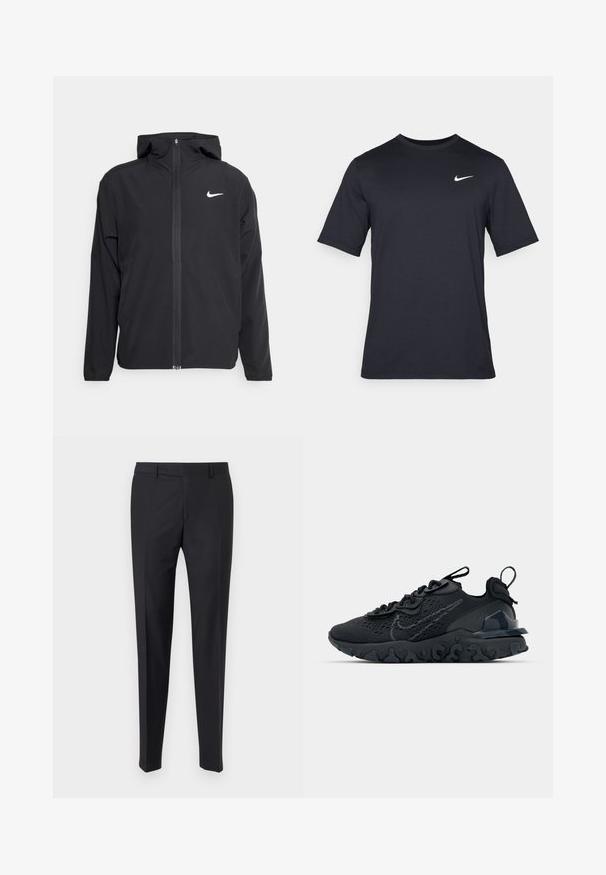 Svart Nike-jakke med hette, full frontglidelås og en subtil hvit logo på venstre bryst. Glatt tekstur og lett design.; Svart kortermet Nike t-skjorte laget av glatt stoff, med en hvit swoosh-logo på øvre venstre side, rund hals.; Sorte dressbukser med skreddersydd passform, flat front og pressede ben; laget av glatt materiale med beltehemper og glidelås.; Svart treningssko med et pustende nettobert overdel, teksturerte detaljer og en bølget gummisåle. Har reflekterende logo og snøresystem.