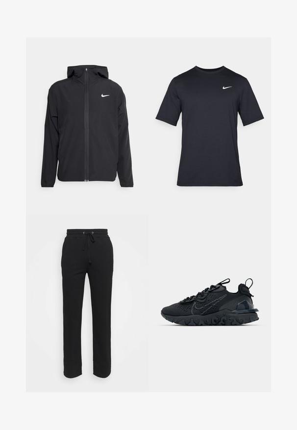 Jachetă neagră Nike cu glugă, fermoar pe toată fața și un logo alb subtil pe pieptul stâng. Textură netedă și design ușor.; Tricou Nike negru cu mânecă scurtă, confecționat dintr-un material neted, având un logo alb în formă de swoosh pe partea stângă sus, cu guler rotund.; Pantaloni de trening negri dintr-un material moale, cu talie elastică și șnur ajustabil. Prezintă picioare drepte și nu au buzunare vizibile.; Pantofii sport negri au un superior din plasă respirabilă, accente texturate și o talpă din cauciuc ondulată. Prezintă un logo reflectorizant și un sistem de șirete.