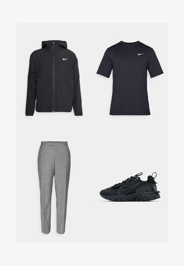 Black Nike jacket featuring a hood, full front zipper, and a subtle white logo on the left chest. Smooth texture and lightweight design.; Black short-sleeve Nike t-shirt made of smooth fabric, featuring a white swoosh logo on the upper left side, crew neckline.; Gray tailored trousers featuring a subtle check pattern, straight cut, and smooth texture with a flat front and belt loops.; Black athletic shoe with a breathable mesh upper, textured accents, and a wavy rubber sole. Features reflective logo and lacing system.