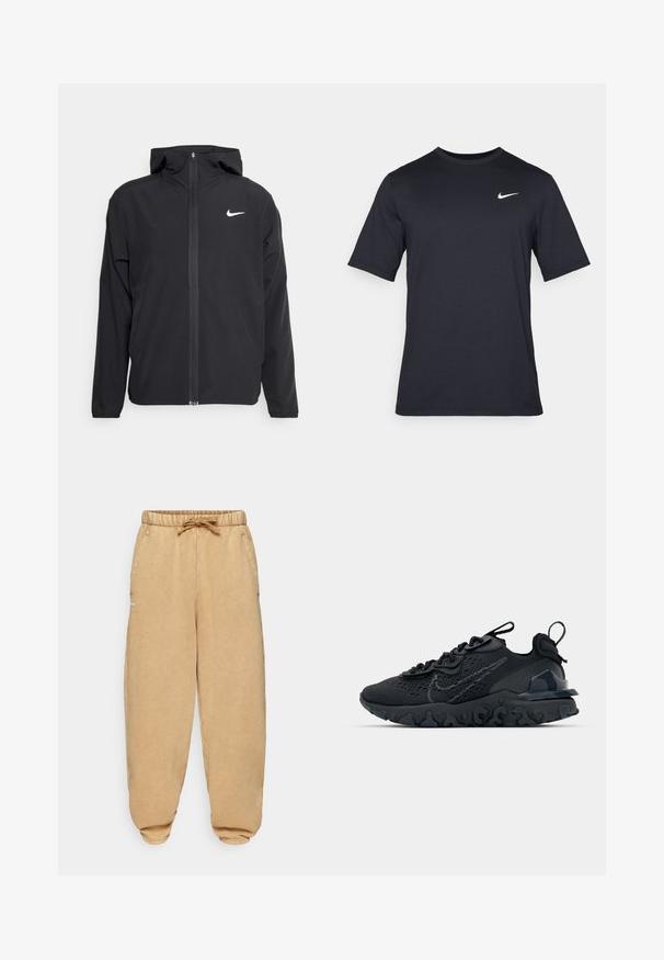 Čierna bunda Nike so kapucňou, plným predným zipsom a diskrétnym bielym logom na ľavom prsníku. Hladká textúra a ľahká konštrukcia.; Čierne tričko s krátkym rukávom značky Nike z hladkého materiálu, s bielym logom swoosh na pravej hornej strane, okrúhly výstrih.; Béžové teplákové nohavice vyrobené z mäkkej tkaniny, so elastickým pásom na šnúrku, bočnými vreckami a zúženými manžetami.; Čierna atletická topánka s priedušným sieťovaným zvrškom, textúrovanými akcentmi a vlnovou gumovou podrážkou. Obsahuje reflexné logo a systém šnurovania.