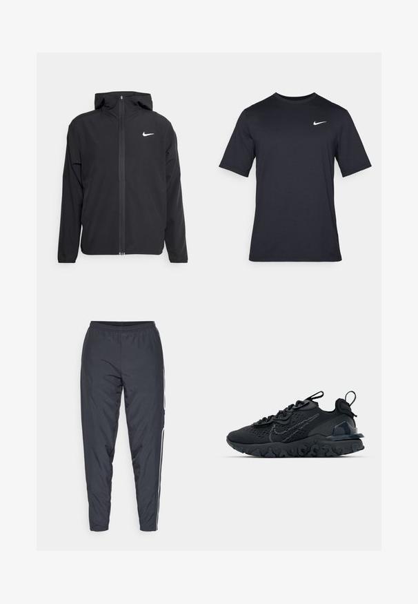 Schwarze Nike-Jacke mit Kapuze, vollem Reißverschluss vorne und einem dezenten weißen Logo auf der linken Brust. Glatte Textur und leichtes Design.; Schwarzes, kurzärmliges Nike-T-Shirt aus glattem Material, mit einem weißen Swoosh-Logo auf der oberen linken Seite und Rundhalsausschnitt.; Dunkelgraue Sporthose aus leichtem Material. Sie verfügt über einen elastischen Bund und weiße seitliche Streifen, die sich an den Knöcheln verjüngen.; Schwarzer Sportschuh mit atmungsaktivem Mesh-Obermaterial, strukturierten Akzenten und einer wellenförmigen Gummisohle. Verfügt über ein reflektierendes Logo und ein Schnürsystem.