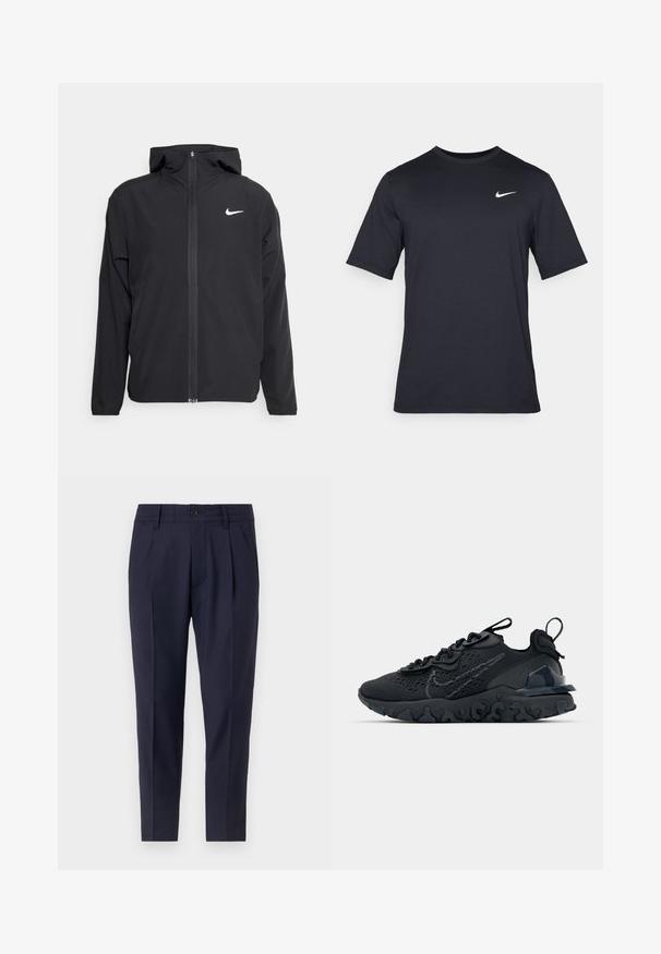 Černá bunda Nike s kapucí, plným předním zipem a decentním bílým logem na levé hrudi. Hladká textura a lehký design.; Černé triko Nike s krátkým rukávem vyrobené z hladké látky, s bílým logem swoosh na horní levé straně, klasický kulatý výstřih.; Námořnické modré kalhoty s upraveným střihem, které mají sklady, zapínání na knoflík a boční kapsy. Vyrobené z hladkého materiálu s mírným leskem.; Černá sportovní bota s prodyšným síťovaným svrškem, texturovanými akcenty a vlnkovou gumovou podrážkou. Obsahuje reflexní logo a systém šněrování.