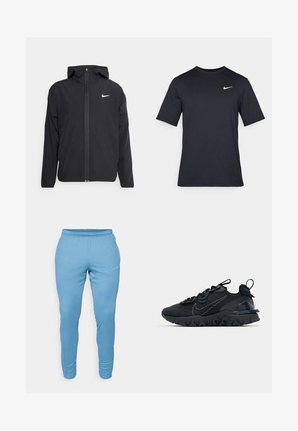 Fekete Nike dzseki kapucnival, teljes hosszúságú cipzárral és egy diszkrét fehér logóval a bal mellrészen. Sima textúra és könnyű kialakítás.; Fekete, rövid ujjú Nike póló sima anyagból, fehér swoosh logóval a bal felső oldalon, kerek nyakkivágással.; Világoskék Nike melegítőnadrág, elasztikus derékkal, slim fit szabással, bal csípőn logóval. Sima anyag, látható minták nélkül.; Fekete sportcipő légáteresztő hálós felsőrésszel, texturált részletekkel és hullámos gumitalppal. Ráfókuszál a fényvisszaverő logóra és a fűzőrendszerre.
