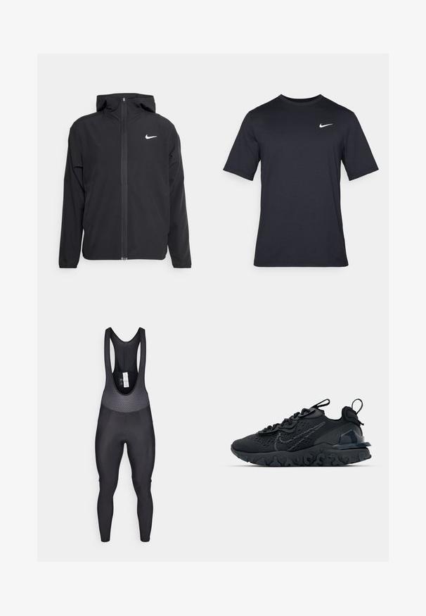 Fekete Nike dzseki kapucnival, teljes hosszúságú cipzárral és egy diszkrét fehér logóval a bal mellrészen. Sima textúra és könnyű kialakítás.; Fekete, rövid ujjú Nike póló sima anyagból, fehér swoosh logóval a bal felső oldalon, kerek nyakkivágással.; Fekete kerékpáros leggings, texturált felső résszel, hálós mintázattal, testhez álló lábakkal és párnázott üléssel a kényelem érdekében.; Fekete sportcipő légáteresztő hálós felsőrésszel, texturált részletekkel és hullámos gumitalppal. Ráfókuszál a fényvisszaverő logóra és a fűzőrendszerre.