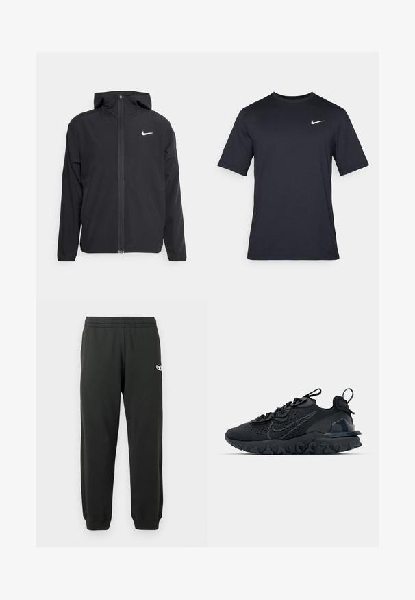 Crna Nike jakna s kapuljačom, punim prednjim patentnim zatvaračem i suptilnim bijelim logotipom na lijevoj strani prsnog koša. Glatka tekstura i lagani dizajn.; Crna kratka majica s kratkim rukavima marke Nike, izrađena od glatkog materijala, s bijelim swoosh logom na gornjoj lijevoj strani, okrugli izrez.; Crne trenirke napravljene od mekanog, rastezljivog materijala s elastičnim pojasom i rebrastim rubovima. Imaju mali logo na bedru.; Crne atletske cipele s prozračnom mrežastom gornjom djelom, teksturiranim detaljima i valovitom gumenom potplatom. Sadrži reflektirajući logo i sistem vezanja.