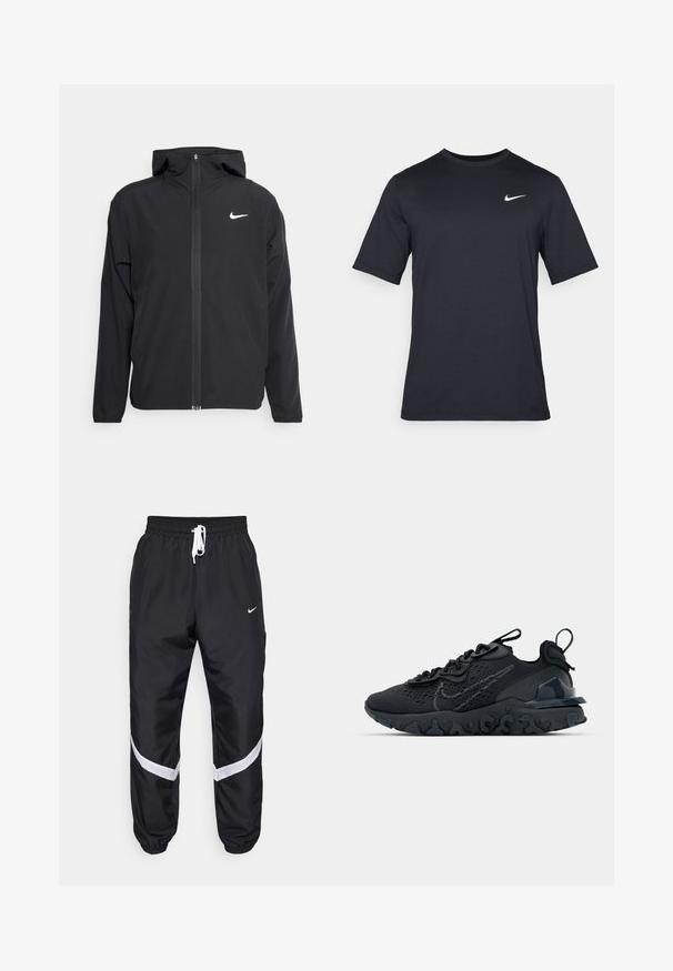 Chaqueta negra de Nike con capucha, cremallera frontal completa y un sutil logo blanco en el lado izquierdo del pecho. Textura suave y diseño ligero.; Camiseta negra de manga corta de Nike hecha de tela suave, con un logo de swoosh blanco en la parte superior izquierda y cuello cuadrado.; Pantalones deportivos negros con acentos blancos, que cuentan con una cinturilla elástica con cordón, bolsillos y puños ajustados. Logotipo de Nike en el costado.; Zapato deportivo negro con una parte superior de malla transpirable, acentos texturizados y una suela de goma ondulada. Presenta un logotipo reflectante y un sistema de cordones.