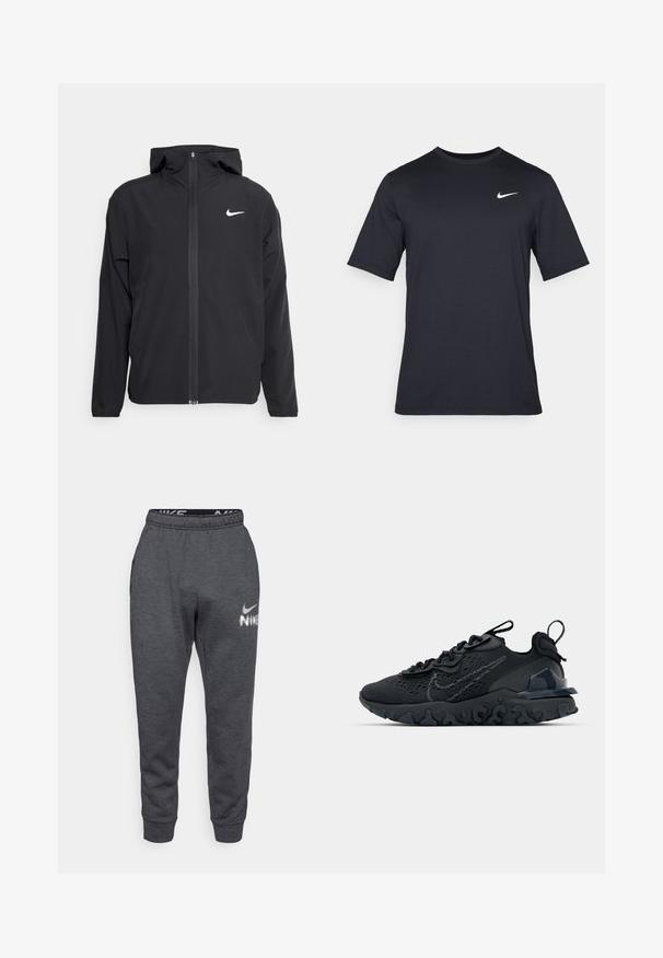 Schwarze Nike-Jacke mit Kapuze, vollem Reißverschluss vorne und einem dezenten weißen Logo auf der linken Brust. Glatte Textur und leichtes Design.; Schwarzes, kurzärmliges Nike-T-Shirt aus glattem Material, mit einem weißen Swoosh-Logo auf der oberen linken Seite und Rundhalsausschnitt.; Graue Nike Jogginghose aus einem weichen, strukturierten Stoff. Sie verfügt über einen Kordelzugbund, Seitentaschen und ein weißes Nike-Logo am linken Oberschenkel.; Schwarzer Sportschuh mit atmungsaktivem Mesh-Obermaterial, strukturierten Akzenten und einer wellenförmigen Gummisohle. Verfügt über ein reflektierendes Logo und ein Schnürsystem.