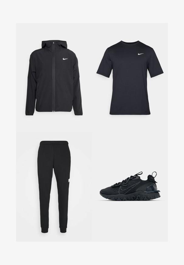 Zwarte Nike-jas met capuchon, volledige ritssluiting en een subtiele witte logo op de linkerborst. Gladde textuur en lichtgewicht ontwerp.; Zwart T-shirt met korte mouwen van Nike, gemaakt van gladde stof, met een wit swoosh-logo op de bovenlinkerzijde, ronde hals.; Nike Performance DRY TAPER - Trainingsbroek - black/white; Zwarte sportieve schoen met een ademende bovenkant van mesh, gestructureerde accenten en een golvende rubberen zool. Heeft een reflecterende logo en vetersysteem.