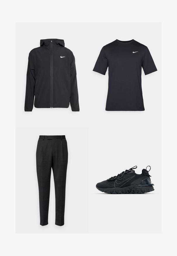 Črna Nike jakna z oblogo, polnim zadrgo in diskretnim belim logotipom na levi strani prsnega koša. Gladka tekstura in lahka zasnova.; Črna kratkotrajna majica Nike iz gladkega materiala, z belim logotipom Swoosh na zgornji levi strani, okrogel izrez.; Prilagojene hlače iz temnega blaga z diskretno karo vzorcem, z ravnimi hlačnicami, naborki in standardnim pasom.; Črne športne čevlje z zračno mrežno zgornjim delom, strukturiranimi dodatki in valovitim gumijastim podplatom. Imajo odsevni logo in sistem vezalk.