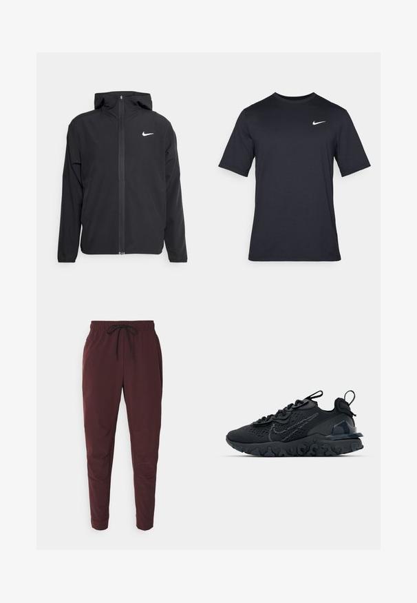 Black Nike jacket featuring a hood, full front zipper, and a subtle white logo on the left chest. Smooth texture and lightweight design.; Black short-sleeve Nike t-shirt made of smooth fabric, featuring a white swoosh logo on the upper left side, crew neckline.; Burgundy jogger pants made from soft fabric, with an elastic waistband, adjustable drawstring, and tapered cuffed legs. No patterns or accents.; Black athletic shoe with a breathable mesh upper, textured accents, and a wavy rubber sole. Features reflective logo and lacing system.