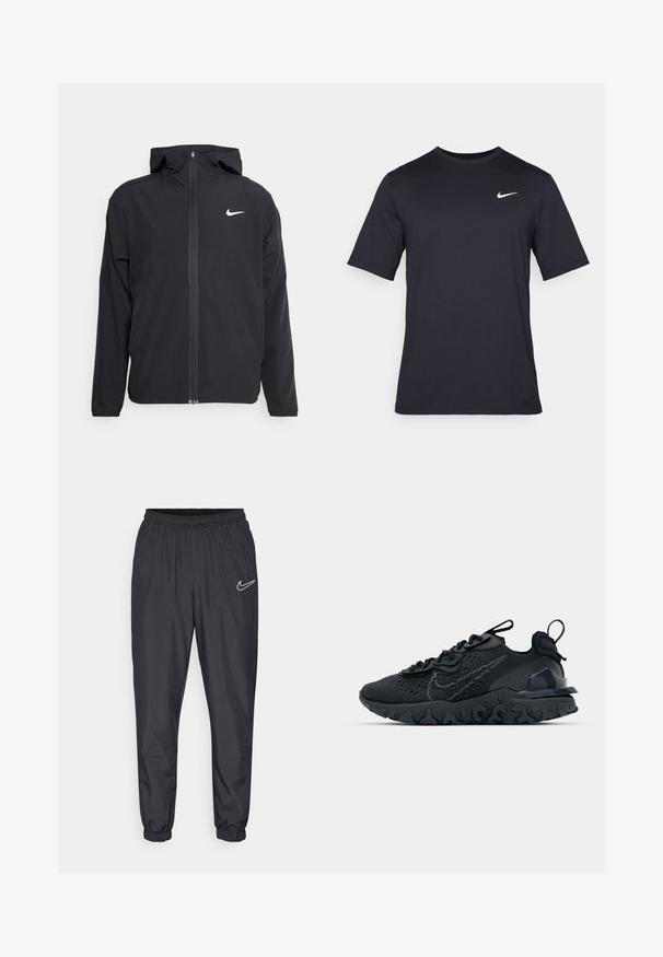 Black Nike jacket featuring a hood, full front zipper, and a subtle white logo on the left chest. Smooth texture and lightweight design.; Black short-sleeve Nike t-shirt made of smooth fabric, featuring a white swoosh logo on the upper left side, crew neckline.; Black Nike athletic pants with an elastic waistband, tapered leg, and white logo near the left hip. Made from lightweight, smooth material.; Black athletic shoe with a breathable mesh upper, textured accents, and a wavy rubber sole. Features reflective logo and lacing system.