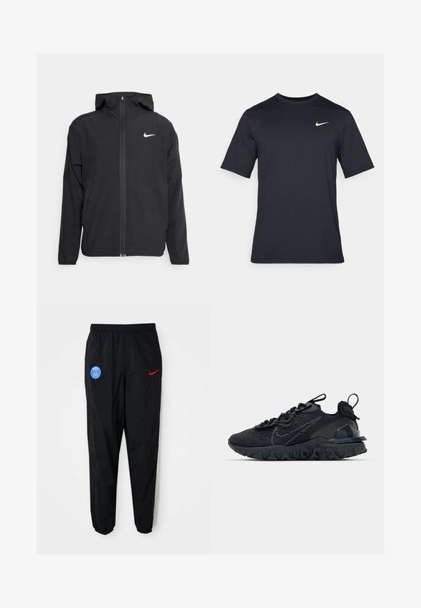Melna Nike jakna ar kapuci, pilnu priekšējo rāvējslēdzēju un smalku baltu logotipu kreisajā krūtī. Gluda tekstūra un viegla konstrukcija.; Melnas īsām piedurknēm Nike t-krekls, izgatavots no gludas auduma, ar baltu swoosh logotipu augšējā kreisajā pusē, apaļu kakla izgriezumu.; Melni sporta bikses ar elastīgu jostu, kurām kreisajā biksē ir zils Parīzes logo, bet labajā pusē - sarkans Nike ''swoosh''.; Melnas sporta kurpes ar elpojošu sieta augšdaļu, teksturētām akcentiem un viļņotu gumijas zoli. Iekļauj atstarojošu logotipu un šņorēšanas sistēmu.