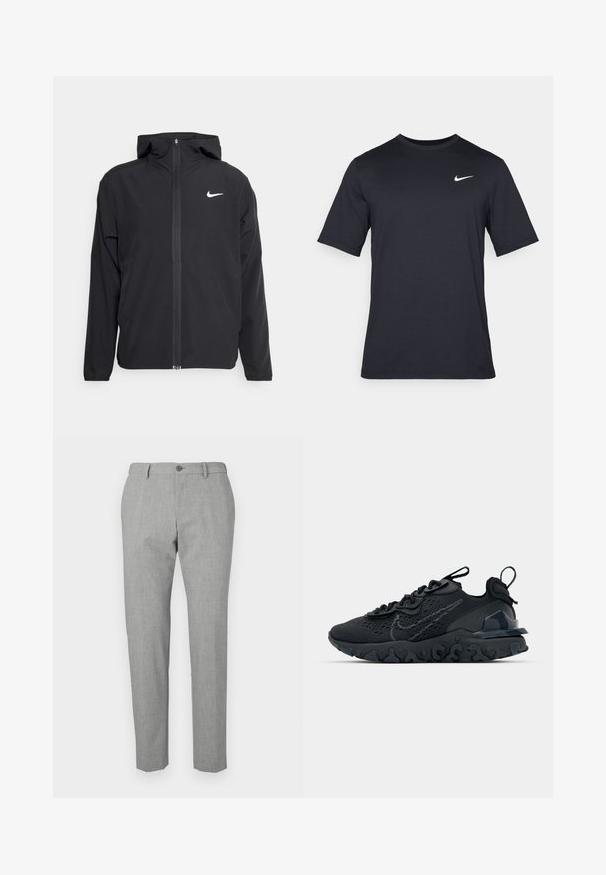 Casaco Nike preto com capuz, fecho frontal completo e um logótipo branco discreto no lado esquerdo do peito. Textura suave e design leve.; T-shirt Nike preto de manga curta, feito de um tecido suave, com um logo swoosh branco no lado superior esquerdo, gola redonda.; Calças cinzentas feitas de um tecido texturizado, com fecho de botão, um corte ajustado e um design de perna reta.; Sapatilha atlética preta com parte superior de malha respirável, detalhes texturizados e sola de borracha ondulada. Apresenta um logotipo reflexivo e um sistema de atilho.