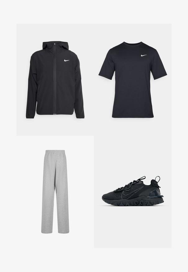 Juodas Nike džemperis su gobtuvu, pilnu priekinio užtrauktuko uždarymu ir subtilia balta logo ant kairiojo krūtinės. Lygus paviršius ir lengvas dizainas.; Juodas trumpomis rankovėmis Nike marškinėliai, pagaminti iš lygaus audinio, su baltu swoosh logotipu viršutinėje kairėje pusėje, apvaliu kaklu.; Karl Kani ELLIPSE STRAIGHT LEG - Treningo apatinė dalis - grey melange; Juoda sportinė avalynė su kvėpuojančiu tinkliniu viršumi, tekstūruotais akcentais ir banguota guma padais. Yra atspindintis logotipas ir raištelių sistema.