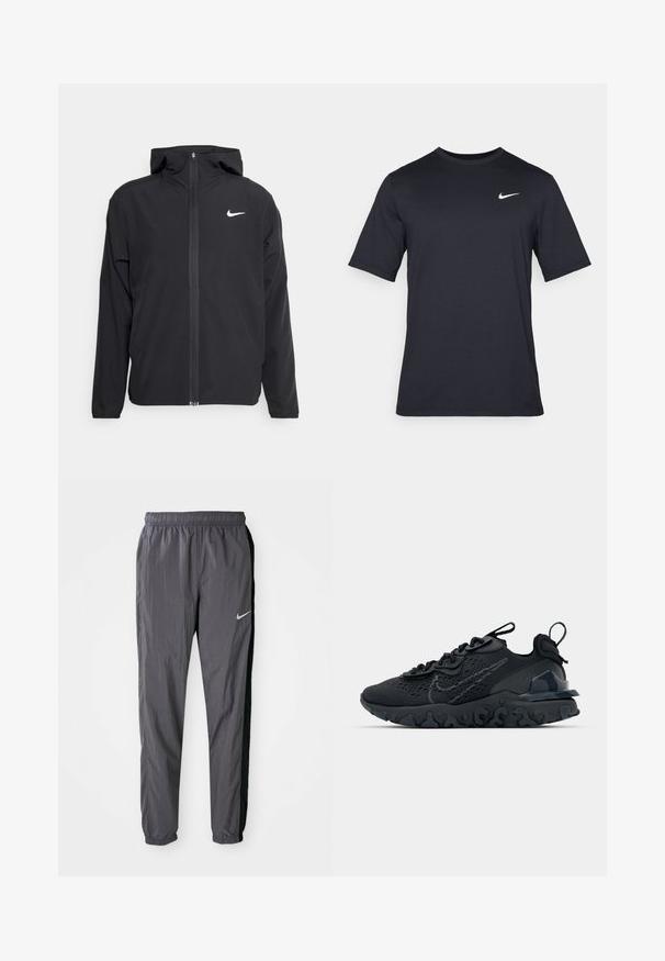 Čierna bunda Nike so kapucňou, plným predným zipsom a diskrétnym bielym logom na ľavom prsníku. Hladká textúra a ľahká konštrukcia.; Čierne tričko s krátkym rukávom značky Nike z hladkého materiálu, s bielym logom swoosh na pravej hornej strane, okrúhly výstrih.; Nike teplákové nohavice, vyrobené z ľahkého materiálu, v tmavosivej farbe s čiernymi bočnými panelmi. Majú elastický pás a reflexné logo.; Čierna atletická topánka s priedušným sieťovaným zvrškom, textúrovanými akcentmi a vlnovou gumovou podrážkou. Obsahuje reflexné logo a systém šnurovania.
