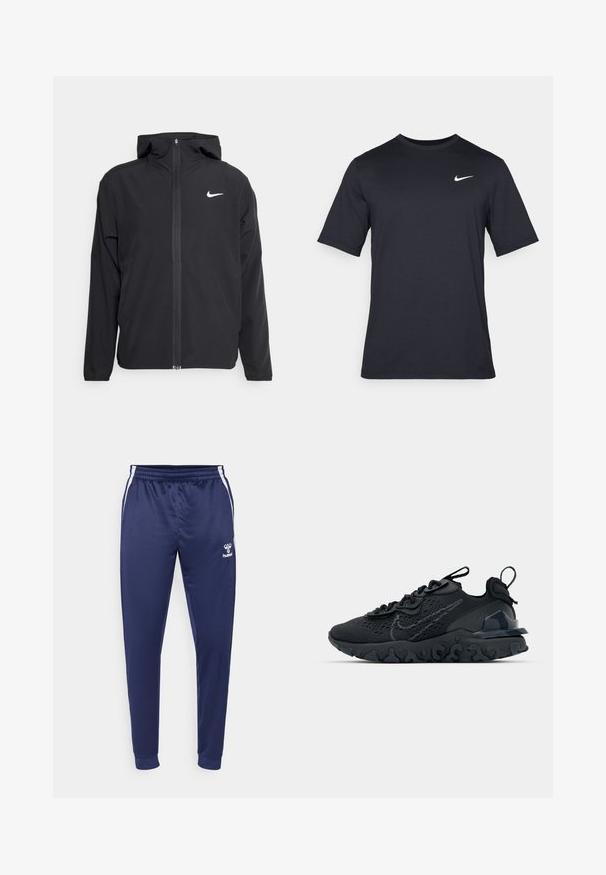 Melna Nike jakna ar kapuci, pilnu priekšējo rāvējslēdzēju un smalku baltu logotipu kreisajā krūtī. Gluda tekstūra un viegla konstrukcija.; Melnas īsām piedurknēm Nike t-krekls, izgatavots no gludas auduma, ar baltu swoosh logotipu augšējā kreisajā pusē, apaļu kakla izgriezumu.; Tumši zili sporta bikses, kas izgatavotas no gludas auduma, ar baltām sānu svītrām, elastīgu jostu un logotipu kreisajā augšstilbā.; Melnas sporta kurpes ar elpojošu sieta augšdaļu, teksturētām akcentiem un viļņotu gumijas zoli. Iekļauj atstarojošu logotipu un šņorēšanas sistēmu.