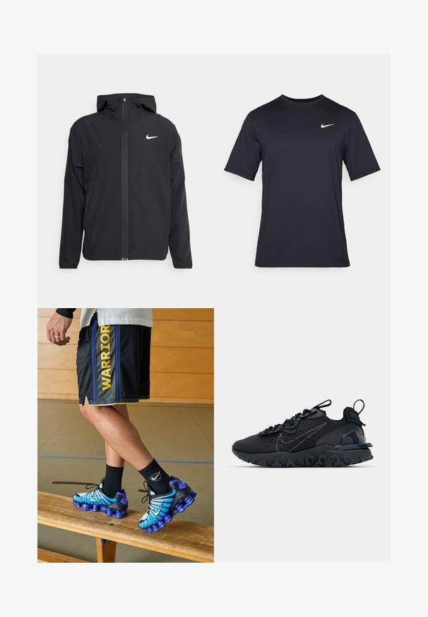 Juodas Nike džemperis su gobtuvu, pilnu priekinio užtrauktuko uždarymu ir subtilia balta logo ant kairiojo krūtinės. Lygus paviršius ir lengvas dizainas.; Juodas trumpomis rankovėmis Nike marškinėliai, pagaminti iš lygaus audinio, su baltu swoosh logotipu viršutinėje kairėje pusėje, apvaliu kaklu.; Nike Performance NBA GOLDEN STATE WARRIORS SHORTS - Sporto klubų atributika - black/amarillo; Juoda sportinė avalynė su kvėpuojančiu tinkliniu viršumi, tekstūruotais akcentais ir banguota guma padais. Yra atspindintis logotipas ir raištelių sistema.