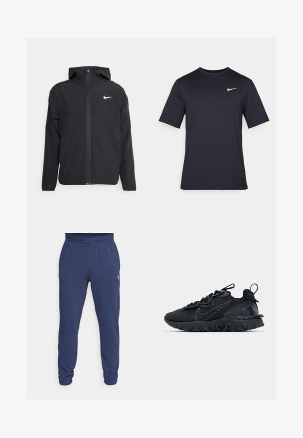 Juodas Nike džemperis su gobtuvu, pilnu priekinio užtrauktuko uždarymu ir subtilia balta logo ant kairiojo krūtinės. Lygus paviršius ir lengvas dizainas.; Juodas trumpomis rankovėmis Nike marškinėliai, pagaminti iš lygaus audinio, su baltu swoosh logotipu viršutinėje kairėje pusėje, apvaliu kaklu.; Tamsiai mėlynos sportinės kelnės su elastinga juosta ir rankovėmis, pagamintos iš minkštos medžiagos. Šone yra nedidelis logotipo detalė.; Juoda sportinė avalynė su kvėpuojančiu tinkliniu viršumi, tekstūruotais akcentais ir banguota guma padais. Yra atspindintis logotipas ir raištelių sistema.