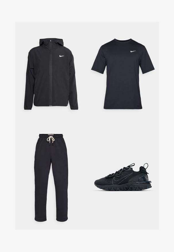 Jachetă neagră Nike cu glugă, fermoar pe toată fața și un logo alb subtil pe pieptul stâng. Textură netedă și design ușor.; Tricou Nike negru cu mânecă scurtă, confecționat dintr-un material neted, având un logo alb în formă de swoosh pe partea stângă sus, cu guler rotund.; Pantaloni de trening gri închis dintr-un amestec de bumbac, având un elastic la talie cu șnur bej și manșete ajustate la glezne.; Pantofii sport negri au un superior din plasă respirabilă, accente texturate și o talpă din cauciuc ondulată. Prezintă un logo reflectorizant și un sistem de șirete.