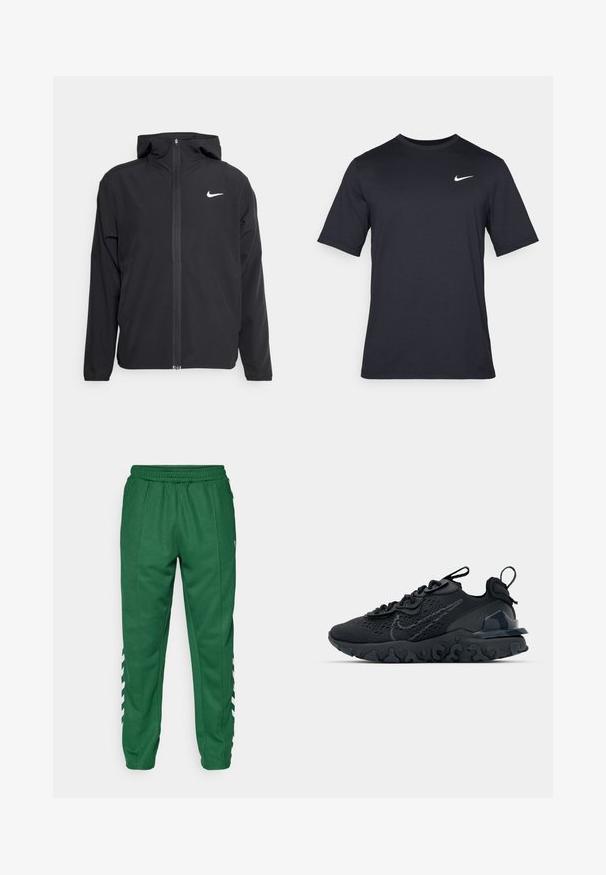 Jachetă neagră Nike cu glugă, fermoar pe toată fața și un logo alb subtil pe pieptul stâng. Textură netedă și design ușor.; Tricou Nike negru cu mânecă scurtă, confecționat dintr-un material neted, având un logo alb în formă de swoosh pe partea stângă sus, cu guler rotund.; Pantaloni sportivi verzi cu un tiv elastic, buzunare laterale și dungi albe în unghi pe lateralele inferioare. Textură de țesătură netedă.; Pantofii sport negri au un superior din plasă respirabilă, accente texturate și o talpă din cauciuc ondulată. Prezintă un logo reflectorizant și un sistem de șirete.