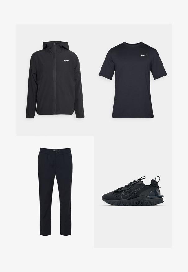 Veste Nike noire avec capuche, fermeture éclair sur toute la longueur à l'avant et un logo blanc discret sur la poitrine gauche. Texture lisse et design léger.; T-shirt noir à manches courtes Nike en tissu lisse, arborant un logo swoosh blanc sur le côté supérieur gauche, col rond.; Pantalon bleu marine en tissu lisse, avec une coupe standard, passants de ceinture, fermeture à bouton sur le devant et deux poches latérales.; Chaussure de sport noire avec une tige en mesh respirant, des accents texturés et une semelle en caoutchouc ondulée. Comprend un logo réfléchissant et un système de laçage.