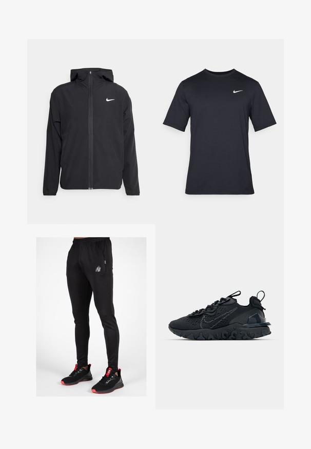 Juodas Nike džemperis su gobtuvu, pilnu priekinio užtrauktuko uždarymu ir subtilia balta logo ant kairiojo krūtinės. Lygus paviršius ir lengvas dizainas.; Juodas trumpomis rankovėmis Nike marškinėliai, pagaminti iš lygaus audinio, su baltu swoosh logotipu viršutinėje kairėje pusėje, apvaliu kaklu.; Juodi sportiniai džinsai su siauru siuvimu, elastinga juosta, šoniniu kišenė ir pilkas gorilos logotipas ant kairiojo šlaunies.; Juoda sportinė avalynė su kvėpuojančiu tinkliniu viršumi, tekstūruotais akcentais ir banguota guma padais. Yra atspindintis logotipas ir raištelių sistema.