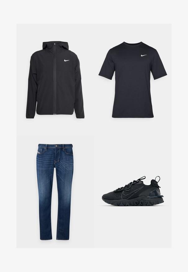 Melna Nike jakna ar kapuci, pilnu priekšējo rāvējslēdzēju un smalku baltu logotipu kreisajā krūtī. Gluda tekstūra un viegla konstrukcija.; Melnas īsām piedurknēm Nike t-krekls, izgatavots no gludas auduma, ar baltu swoosh logotipu augšējā kreisajā pusē, apaļu kakla izgriezumu.; Tumši zili džinsi ar taisnu griezumu, ar piecu kabatu dizainu, redzamām šuvēm un metāla pogu aizdari jostasvietā.; Melnas sporta kurpes ar elpojošu sieta augšdaļu, teksturētām akcentiem un viļņotu gumijas zoli. Iekļauj atstarojošu logotipu un šņorēšanas sistēmu.