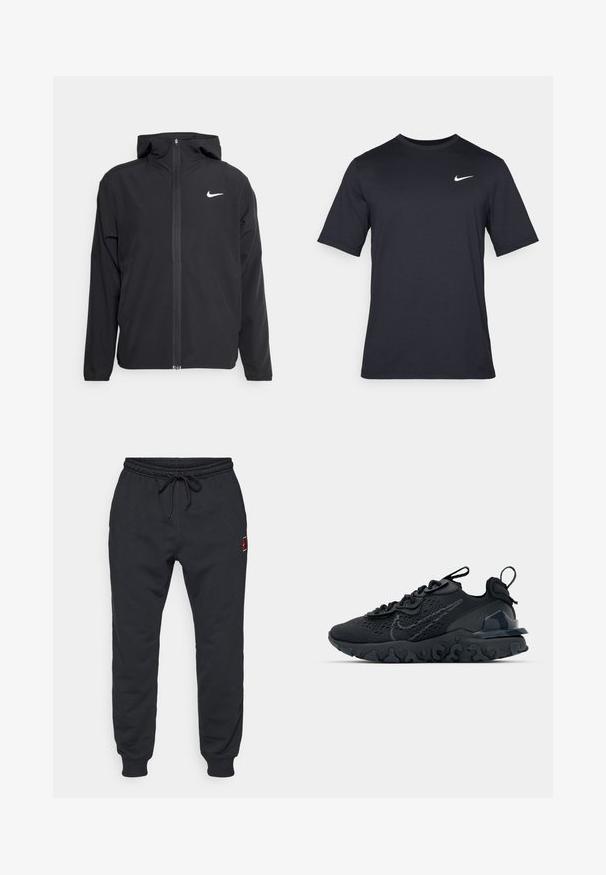 Casaco Nike preto com capuz, fecho frontal completo e um logótipo branco discreto no lado esquerdo do peito. Textura suave e design leve.; T-shirt Nike preto de manga curta, feito de um tecido suave, com um logo swoosh branco no lado superior esquerdo, gola redonda.; Calças de jogging pretas com cintura elástica e punhos nos tornozelos, cordão na cintura e um pequeno logótipo vermelho e amarelo na parte superior da coxa.; Sapatilha atlética preta com parte superior de malha respirável, detalhes texturizados e sola de borracha ondulada. Apresenta um logotipo reflexivo e um sistema de atilho.