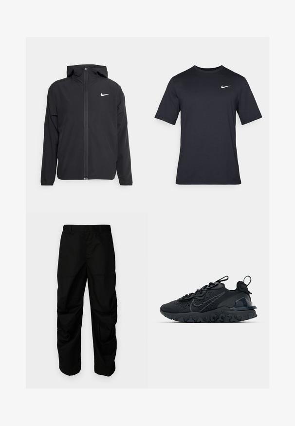 Casaco Nike preto com capuz, fecho frontal completo e um logótipo branco discreto no lado esquerdo do peito. Textura suave e design leve.; T-shirt Nike preto de manga curta, feito de um tecido suave, com um logo swoosh branco no lado superior esquerdo, gola redonda.; Diesel Calças - black; Sapatilha atlética preta com parte superior de malha respirável, detalhes texturizados e sola de borracha ondulada. Apresenta um logotipo reflexivo e um sistema de atilho.