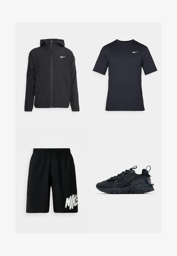 Črna Nike jakna z oblogo, polnim zadrgo in diskretnim belim logotipom na levi strani prsnega koša. Gladka tekstura in lahka zasnova.; Črna kratkotrajna majica Nike iz gladkega materiala, z belim logotipom Swoosh na zgornji levi strani, okrogel izrez.; Črne hlače do kolen z elastičnim pasom in vrvico, z drznim belim logotipom Nike na spodnjem levem delu noge.; Črne športne čevlje z zračno mrežno zgornjim delom, strukturiranimi dodatki in valovitim gumijastim podplatom. Imajo odsevni logo in sistem vezalk.