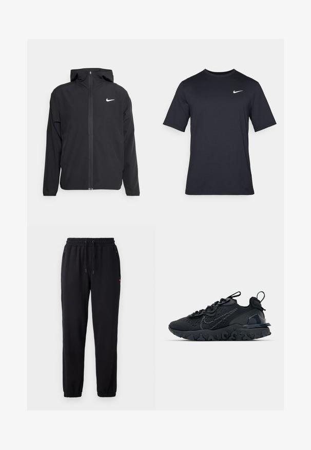 Svart Nike-jacka med huva, fullständig dragkedja fram och en subtil vit logotyp på vänster bröst. Slät textur och lättvikt design.; Svart kortärmad Nike t-shirt i slät tyg, med en vit swoosh-logotyp på övre vänstra sidan, rund halsringning.; Svarta sweatpants med elastisk midja, justerbara snoddar, sidfickor och elastiska muddvidder vid anklarna. Slät tygtextur.; Svart idrottssko med ett andningsbart meshöverdrag, texturerade accenter och en vågig gummisula. Utrustad med reflekterande logotyp och snörsystem.