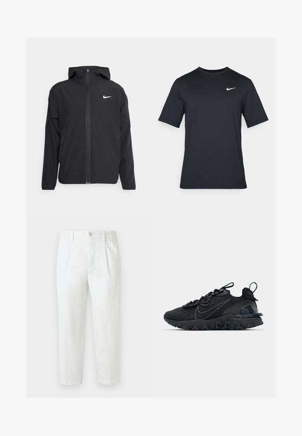 Jachetă neagră Nike cu glugă, fermoar pe toată fața și un logo alb subtil pe pieptul stâng. Textură netedă și design ușor.; Tricou Nike negru cu mânecă scurtă, confecționat dintr-un material neted, având un logo alb în formă de swoosh pe partea stângă sus, cu guler rotund.; Pantaloni din bumbac alb, cu croi drept, având închidere cu nasture, față pliată și margini răsfrânte. Textură netedă, fără modele vizibile.; Pantofii sport negri au un superior din plasă respirabilă, accente texturate și o talpă din cauciuc ondulată. Prezintă un logo reflectorizant și un sistem de șirete.