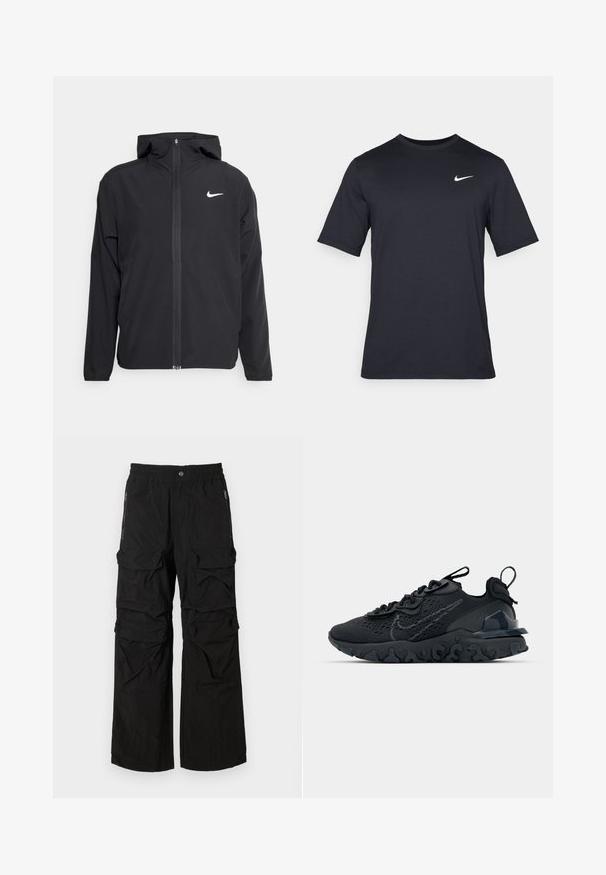 Svart Nike-jakke med hette, full frontglidelås og en subtil hvit logo på venstre bryst. Glatt tekstur og lett design.; Svart kortermet Nike t-skjorte laget av glatt stoff, med en hvit swoosh-logo på øvre venstre side, rund hals.; Sorte cargo-bukser med elastisk livlinje, flere store lommer og glidelås-lommer på sidene. Laget av lett, teksturert stoff.; Svart treningssko med et pustende nettobert overdel, teksturerte detaljer og en bølget gummisåle. Har reflekterende logo og snøresystem.