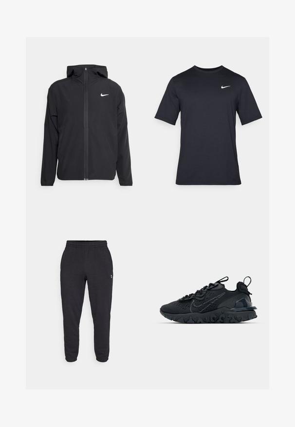 Zwarte Nike-jas met capuchon, volledige ritssluiting en een subtiele witte logo op de linkerborst. Gladde textuur en lichtgewicht ontwerp.; Zwart T-shirt met korte mouwen van Nike, gemaakt van gladde stof, met een wit swoosh-logo op de bovenlinkerzijde, ronde hals.; Zwarte joggingbroek met een elastische tailleband en boorden, gemaakt van zachte katoenen stof. Heeft een klein logo op de linkerdij.; Zwarte sportieve schoen met een ademende bovenkant van mesh, gestructureerde accenten en een golvende rubberen zool. Heeft een reflecterende logo en vetersysteem.