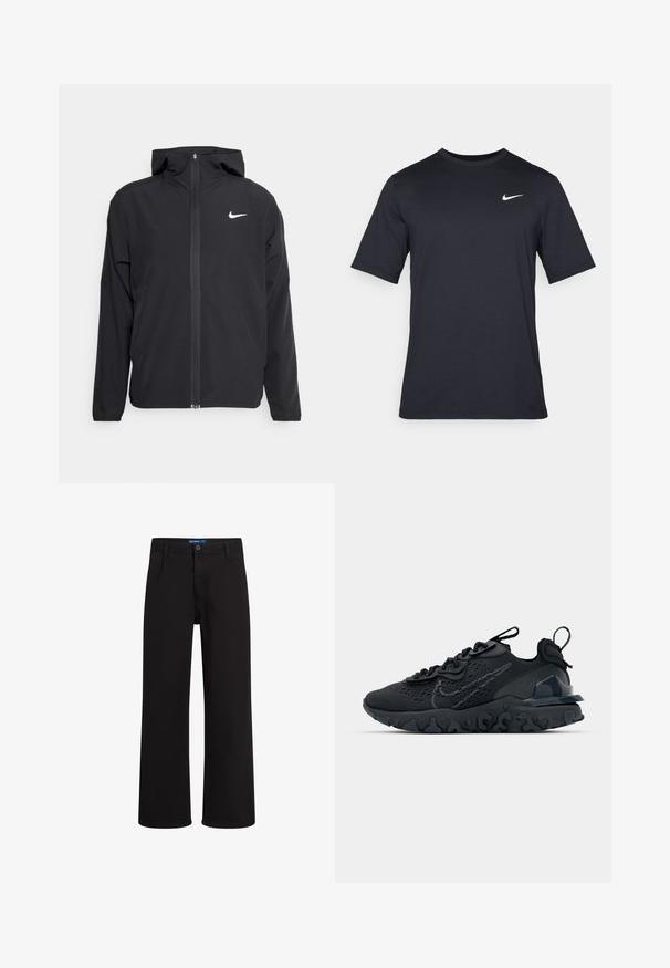 Crna Nike jakna s kapuljačom, punim prednjim patentnim zatvaračem i suptilnim bijelim logotipom na lijevoj strani prsnog koša. Glatka tekstura i lagani dizajn.; Crna kratka majica s kratkim rukavima marke Nike, izrađena od glatkog materijala, s bijelim swoosh logom na gornjoj lijevoj strani, okrugli izrez.; Crne ravne hlače s kopčanjem na dugme i munju, petljama za remen i bočnim džepovima, prikazane na bijeloj pozadini.; Crne atletske cipele s prozračnom mrežastom gornjom djelom, teksturiranim detaljima i valovitom gumenom potplatom. Sadrži reflektirajući logo i sistem vezanja.