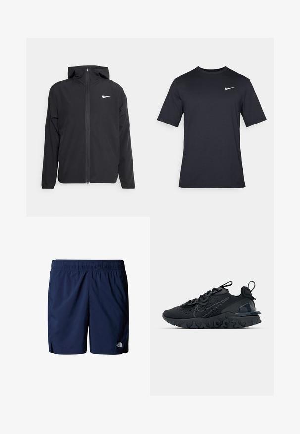 Chaqueta negra de Nike con capucha, cremallera frontal completa y un sutil logo blanco en el lado izquierdo del pecho. Textura suave y diseño ligero.; Camiseta negra de manga corta de Nike hecha de tela suave, con un logo de swoosh blanco en la parte superior izquierda y cuello cuadrado.; Bañadores azul marino de tela ligera, con cintura elástica, bolsillos laterales y un pequeño logo en la parte frontal inferior.; Zapato deportivo negro con una parte superior de malla transpirable, acentos texturizados y una suela de goma ondulada. Presenta un logotipo reflectante y un sistema de cordones.