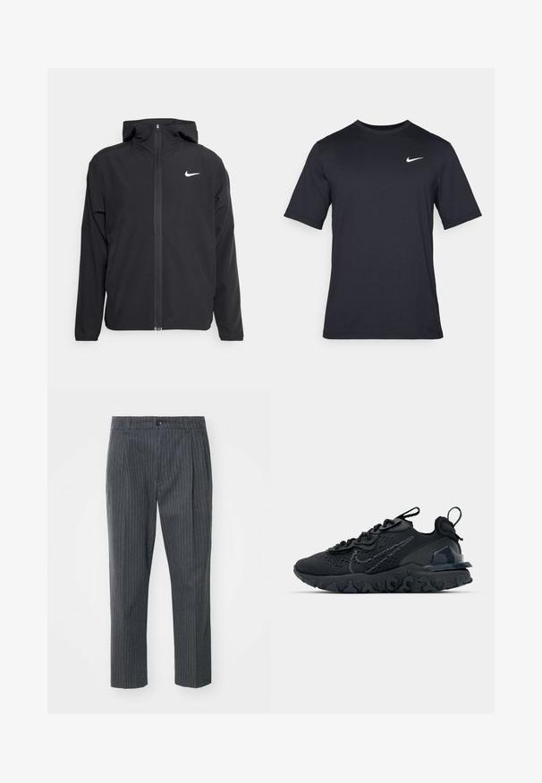 Črna Nike jakna z oblogo, polnim zadrgo in diskretnim belim logotipom na levi strani prsnega koša. Gladka tekstura in lahka zasnova.; Črna kratkotrajna majica Nike iz gladkega materiala, z belim logotipom Swoosh na zgornji levi strani, okrogel izrez.; Sive prugaste hlače s ravnim krojem, ki vključujejo gumbasto zapiranje in gladko teksturo tkanine. Prilagojen kroj z naborki.; Črne športne čevlje z zračno mrežno zgornjim delom, strukturiranimi dodatki in valovitim gumijastim podplatom. Imajo odsevni logo in sistem vezalk.