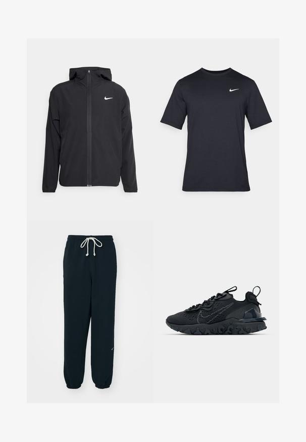 Chaqueta negra de Nike con capucha, cremallera frontal completa y un sutil logo blanco en el lado izquierdo del pecho. Textura suave y diseño ligero.; Camiseta negra de manga corta de Nike hecha de tela suave, con un logo de swoosh blanco en la parte superior izquierda y cuello cuadrado.; Pantalones de chándal negros hechos de una tela suave, con una cinturilla elástica y cordón, tobillos ajustados y un pequeño acento de logo blanco.; Zapato deportivo negro con una parte superior de malla transpirable, acentos texturizados y una suela de goma ondulada. Presenta un logotipo reflectante y un sistema de cordones.