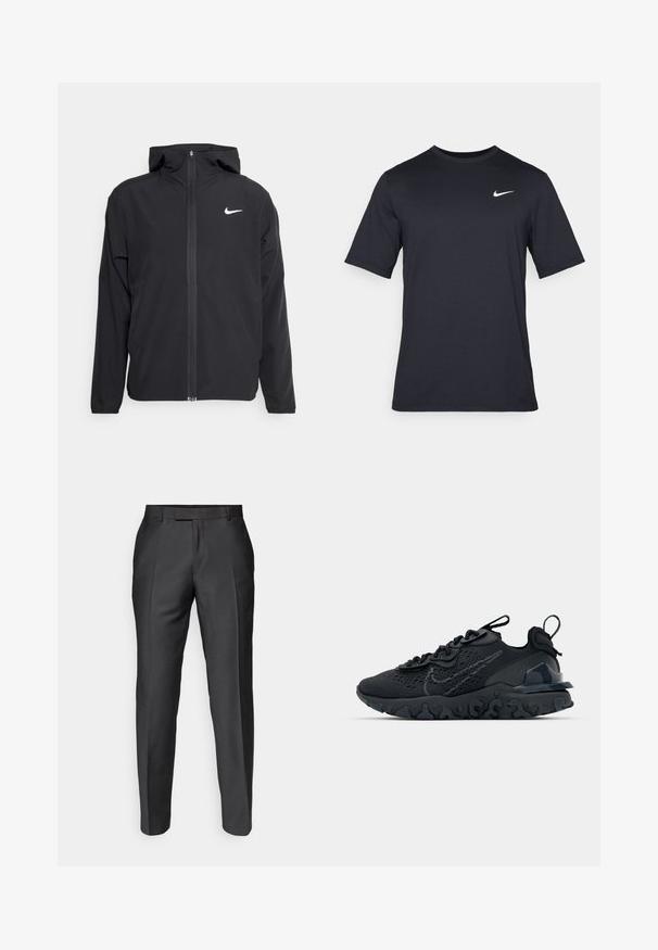 Fekete Nike dzseki kapucnival, teljes hosszúságú cipzárral és egy diszkrét fehér logóval a bal mellrészen. Sima textúra és könnyű kialakítás.; Fekete, rövid ujjú Nike póló sima anyagból, fehér swoosh logóval a bal felső oldalon, kerek nyakkivágással.; Sötét szürke anyagból készült szabott nadrág. Slim fit fazonú, lapos elejű és övhurkokkal rendelkezik. Zökkenőmentes textúrával és finom fényességgel bír.; Fekete sportcipő légáteresztő hálós felsőrésszel, texturált részletekkel és hullámos gumitalppal. Ráfókuszál a fényvisszaverő logóra és a fűzőrendszerre.