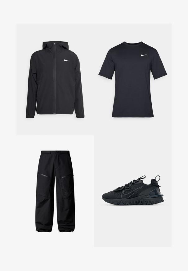 Black Nike jacket featuring a hood, full front zipper, and a subtle white logo on the left chest. Smooth texture and lightweight design.; Black short-sleeve Nike t-shirt made of smooth fabric, featuring a white swoosh logo on the upper left side, crew neckline.; Black cargo pants with a loose fit, featuring multiple zippered pockets and elastic cuffs. Made from lightweight, durable fabric.; Black athletic shoe with a breathable mesh upper, textured accents, and a wavy rubber sole. Features reflective logo and lacing system.
