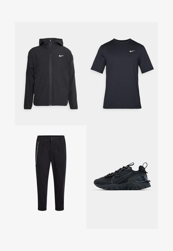 Crna Nike jakna s kapuljačom, punim prednjim patentnim zatvaračem i suptilnim bijelim logotipom na lijevoj strani prsnog koša. Glatka tekstura i lagani dizajn.; Crna kratka majica s kratkim rukavima marke Nike, izrađena od glatkog materijala, s bijelim swoosh logom na gornjoj lijevoj strani, okrugli izrez.; Crne hlače s elastičnim pojasom, s prednjim nabora i srebrnim lancem na lijevoj strani. Tkanina od mješavine pamuka.; Crne atletske cipele s prozračnom mrežastom gornjom djelom, teksturiranim detaljima i valovitom gumenom potplatom. Sadrži reflektirajući logo i sistem vezanja.