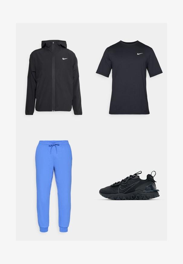 Juodas Nike džemperis su gobtuvu, pilnu priekinio užtrauktuko uždarymu ir subtilia balta logo ant kairiojo krūtinės. Lygus paviršius ir lengvas dizainas.; Juodas trumpomis rankovėmis Nike marškinėliai, pagaminti iš lygaus audinio, su baltu swoosh logotipu viršutinėje kairėje pusėje, apvaliu kaklu.; Mėlyni sportiniai kelnių, pagaminti iš lygaus audinio, su elastinga juosta, reguliuojamu raiščiu, šoninėmis kišenėmis ir gumbuotomis pėdų juostomis.; Juoda sportinė avalynė su kvėpuojančiu tinkliniu viršumi, tekstūruotais akcentais ir banguota guma padais. Yra atspindintis logotipas ir raištelių sistema.