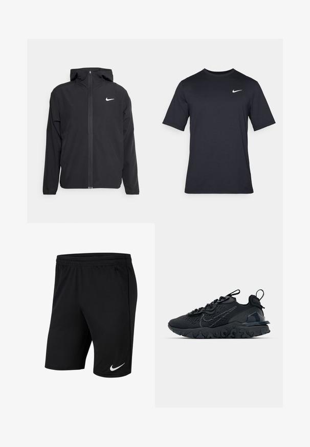 Zwarte Nike-jas met capuchon, volledige ritssluiting en een subtiele witte logo op de linkerborst. Gladde textuur en lichtgewicht ontwerp.; Zwart T-shirt met korte mouwen van Nike, gemaakt van gladde stof, met een wit swoosh-logo op de bovenlinkerzijde, ronde hals.; Zwarte sportshorts van lichtgewicht materiaal met een elastische tailleband en een wit Nike-logo aan de onderkant links.; Zwarte sportieve schoen met een ademende bovenkant van mesh, gestructureerde accenten en een golvende rubberen zool. Heeft een reflecterende logo en vetersysteem.