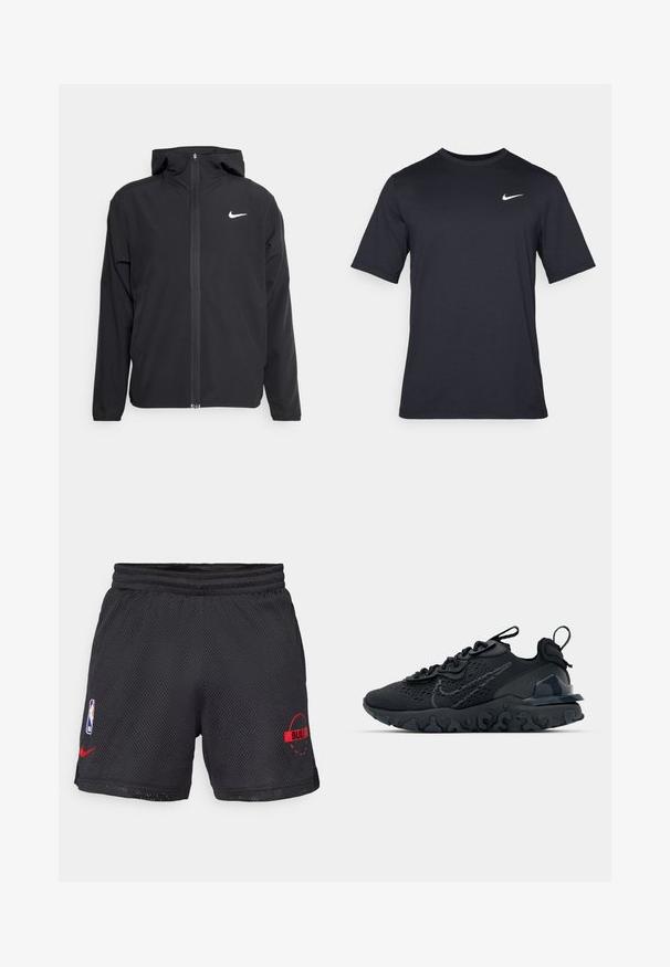 Crna Nike jakna s kapuljačom, punim prednjim patentnim zatvaračem i suptilnim bijelim logotipom na lijevoj strani prsnog koša. Glatka tekstura i lagani dizajn.; Crna kratka majica s kratkim rukavima marke Nike, izrađena od glatkog materijala, s bijelim swoosh logom na gornjoj lijevoj strani, okrugli izrez.; Crne mrežaste košarkaške kratke hlače s elastičnom trakom, s crvenim logotipom "BULLS" i NBA oznakom s lijeve strane.; Crne atletske cipele s prozračnom mrežastom gornjom djelom, teksturiranim detaljima i valovitom gumenom potplatom. Sadrži reflektirajući logo i sistem vezanja.