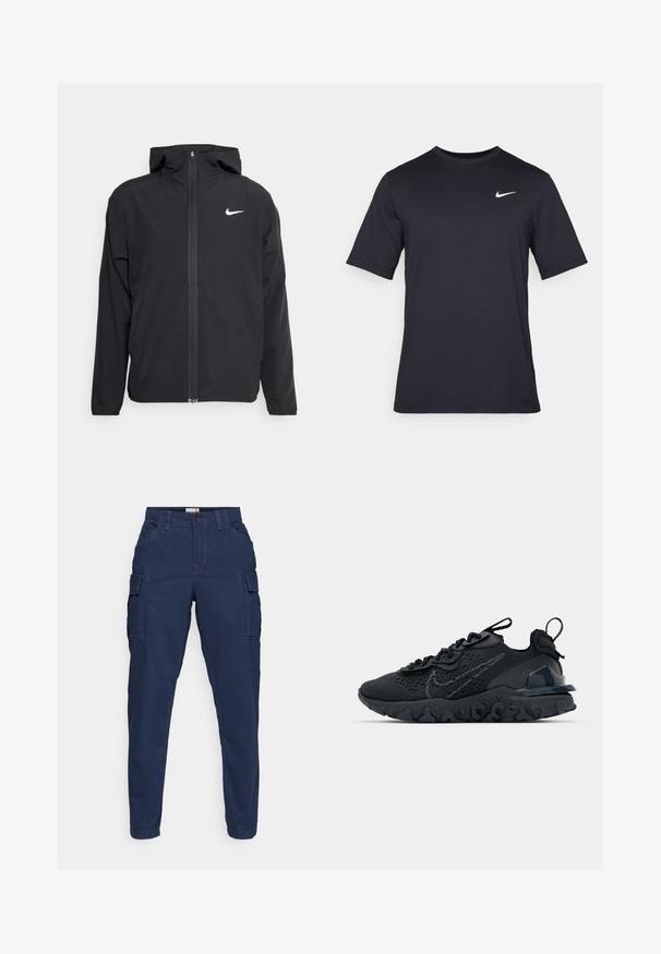 Svart Nike-jacka med huva, fullständig dragkedja fram och en subtil vit logotyp på vänster bröst. Slät textur och lättvikt design.; Svart kortärmad Nike t-shirt i slät tyg, med en vit swoosh-logotyp på övre vänstra sidan, rund halsringning.; Marinblå cargobyxor med sidofickor, tapered bendesign, slät front och knäppning. Tillverkade av stabilt material med en ren finish.; Svart idrottssko med ett andningsbart meshöverdrag, texturerade accenter och en vågig gummisula. Utrustad med reflekterande logotyp och snörsystem.