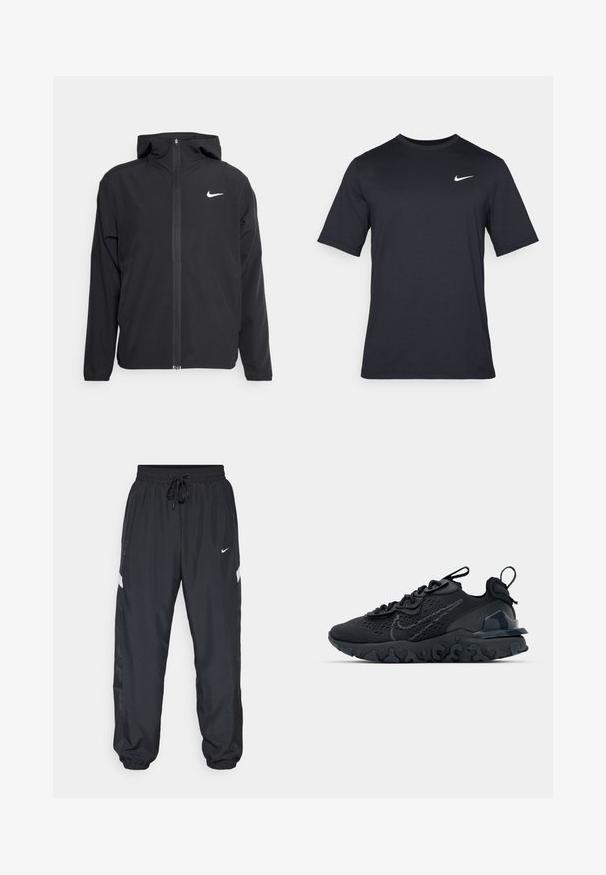 Fekete Nike dzseki kapucnival, teljes hosszúságú cipzárral és egy diszkrét fehér logóval a bal mellrészen. Sima textúra és könnyű kialakítás.; Fekete, rövid ujjú Nike póló sima anyagból, fehér swoosh logóval a bal felső oldalon, kerek nyakkivágással.; Fekete sportnadrág elasztikus derékkal, állítható zsinórral, oldalsó zsebekkel és kontrasztos fehér csíkkal az oldalán.; Fekete sportcipő légáteresztő hálós felsőrésszel, texturált részletekkel és hullámos gumitalppal. Ráfókuszál a fényvisszaverő logóra és a fűzőrendszerre.
