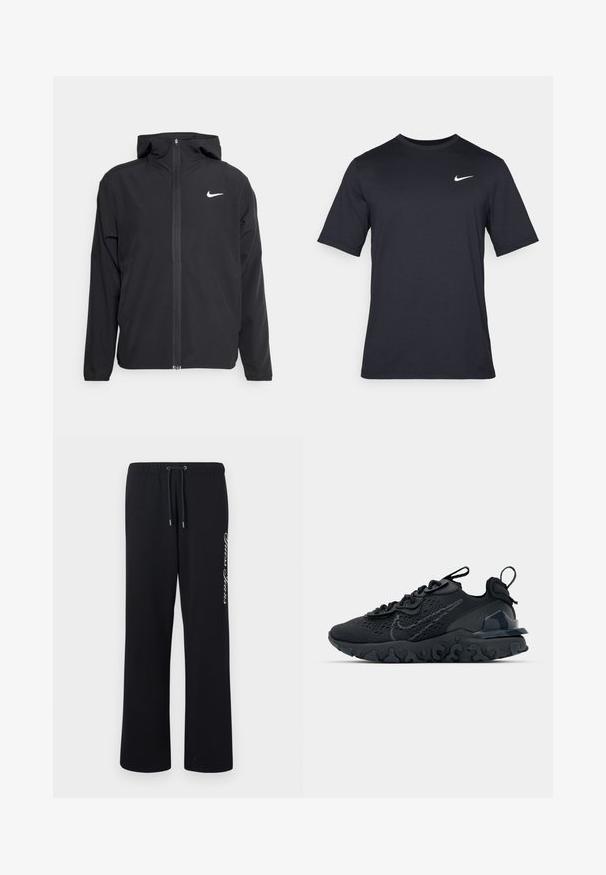 Schwarze Nike-Jacke mit Kapuze, vollem Reißverschluss vorne und einem dezenten weißen Logo auf der linken Brust. Glatte Textur und leichtes Design.; Schwarzes, kurzärmliges Nike-T-Shirt aus glattem Material, mit einem weißen Swoosh-Logo auf der oberen linken Seite und Rundhalsausschnitt.; Schwarze Sweatpants aus weichem Material mit elastischem Taillenbund und Kordelzug. Mit weißem Text, der auf einer Seite aufgedruckt ist.; Schwarzer Sportschuh mit atmungsaktivem Mesh-Obermaterial, strukturierten Akzenten und einer wellenförmigen Gummisohle. Verfügt über ein reflektierendes Logo und ein Schnürsystem.