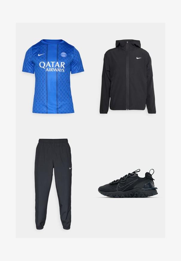 Sort Nike-jakke med hætte, fuld frontlynlås og et diskret hvidt logo på venstre bryst. Glat tekstur og letvægtsdesign.; Blå trøje lavet af tekstureret stof med diamantmønster, Nike-logo og "QATAR AIRWAYS" trykt iøjnefaldende på forsiden.; Sorte træningsbukser lavet af letvægtsstof med elastisk talje, ankelsyninger og et diskret Nike-logo på venstre side.; Sort atletisk sko med en åndbar mesh-overdel, teksturerede detaljer og en bølget gummisål. Har reflekterende logo og snørresystem.
