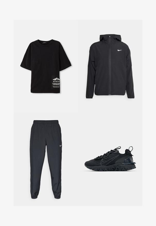 Veste Nike noire avec capuche, fermeture éclair sur toute la longueur à l'avant et un logo blanc discret sur la poitrine gauche. Texture lisse et design léger.; T-shirt noir surdimensionné en coton, avec des manches courtes, un col rond et une étiquette avec du texte blanc sur une poche latérale.; Pantalon de jogging noir en tissu léger avec une ceinture élastique, des poignets aux chevilles et un logo Nike discret sur le côté gauche.; Chaussure de sport noire avec une tige en mesh respirant, des accents texturés et une semelle en caoutchouc ondulée. Comprend un logo réfléchissant et un système de laçage.
